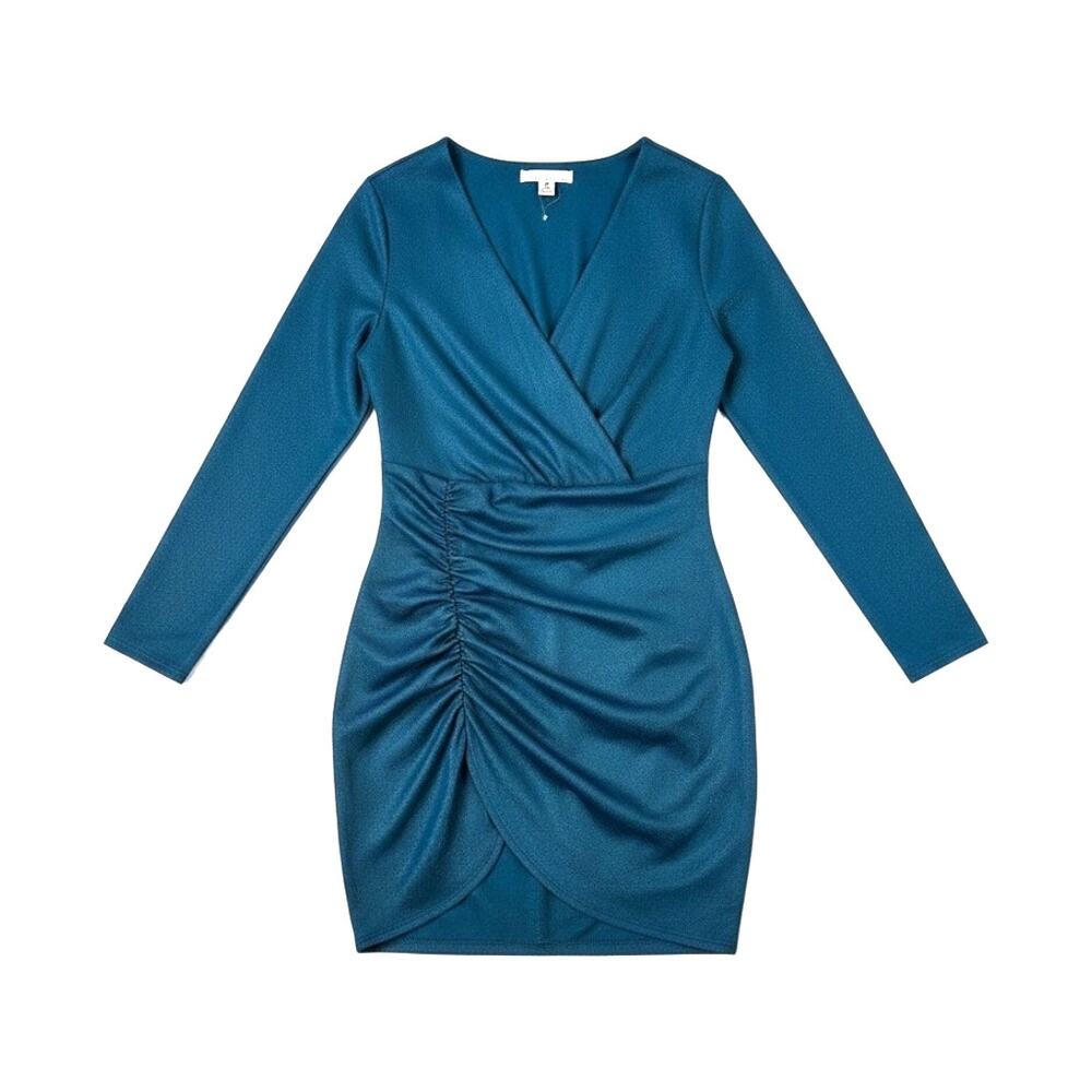 Fourteenth Place New Womens Long Sleeve Metallic Surplice Mini Dress Teal Large